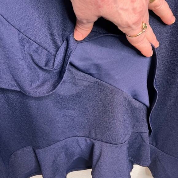 Isaac Mizrahi Live! Knit Midi Dress Navy with Ruffle Curved Hem XLG - Picture 4 of 6